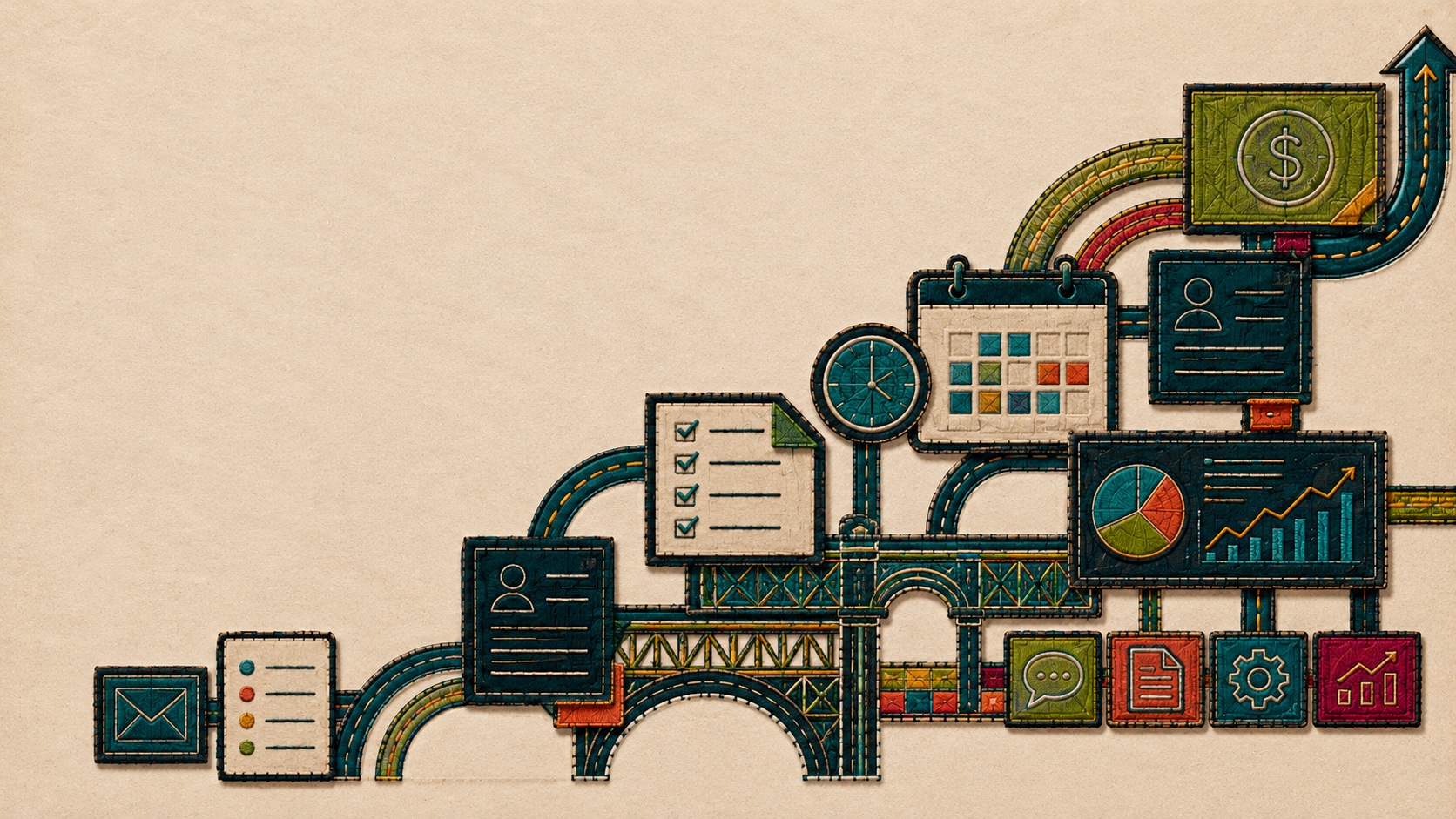Mola-inspired bridge network carrying workflow icons, checklists, calendar blocks, charts, and business signals.